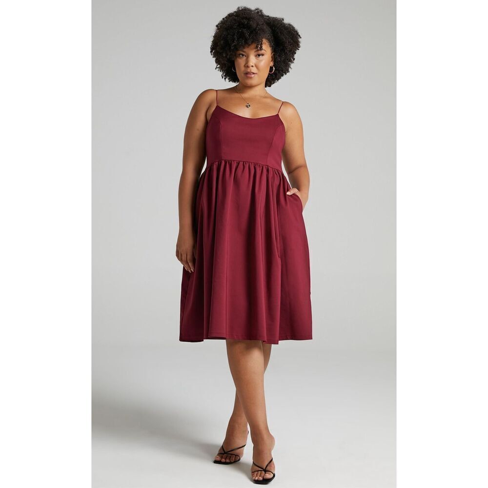Showpo Wild Nights A-Line Spaghetti Strap Knee Length Maroon Wine Dress Sz US 16